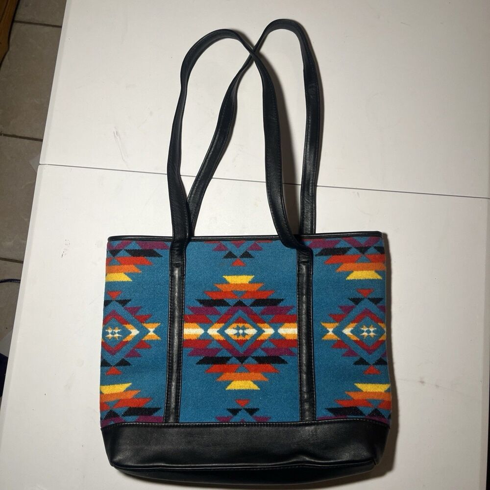 Vintage Pendleton Wool Tote Bag Southwestern Aztec Geometric Teal Leather Purse